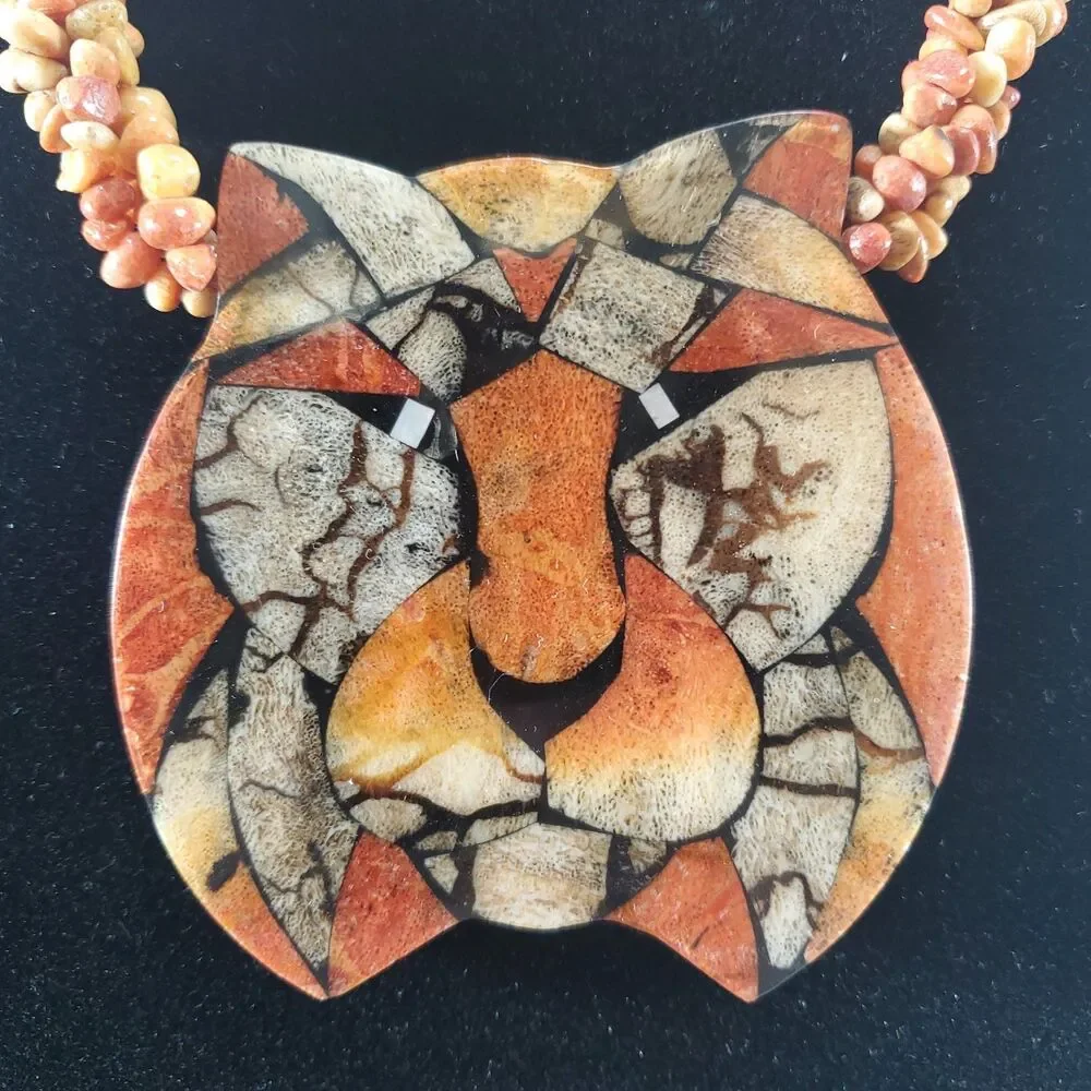 Vintage Lee Sands Inlaid Lion Pendant Statement Necklace Coral Orange 9" 22" - Picture 9 of 12